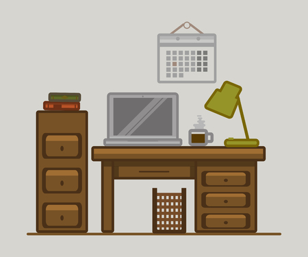 Vector drawn poster of home office space. Freelance background. Table, laptop, lamp, calendar, coffee, booksのイラスト素材