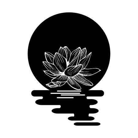 Vector drawn sun with water and hand drawn lotus flower. Brand design.のイラスト素材