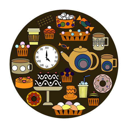 Vector set of five o'clock tea time elements. Teapot, cups, sweets, cakes, pastry, donut, chocolate.のイラスト素材