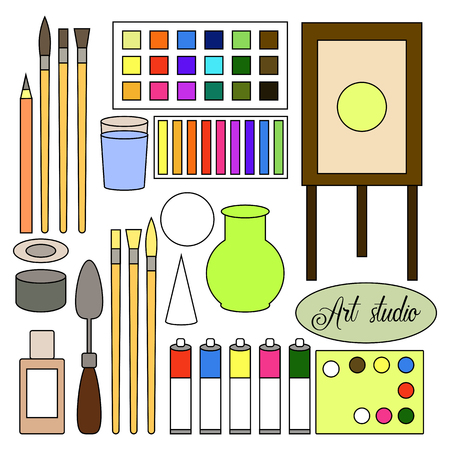 Vector set of drawn line art studio elements. Brushes, palette knives, vase, oils, tubes, watercolor,. Art school infographics.のイラスト素材
