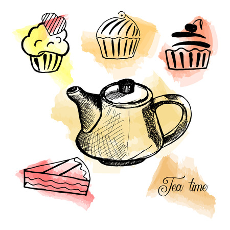 Vector set of hand drawn tea time collection. Cupcakes, muffins, desserts, cakes with teapot. An idea for design, teashop. Watercolor background.のイラスト素材