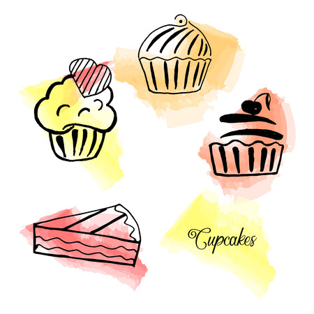 Vector set of hand drawn tea time collection. Cupcakes, muffins, desserts, cakes. An idea for design, teashop. Watercolor background.のイラスト素材
