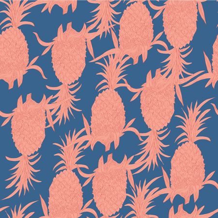 Tropical pattern on blue with pineapples in a sketch style. Exotic collection.のイラスト素材