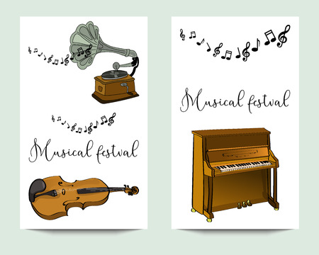 Vertical vector banners for musical festival with hand drawn instruments.のイラスト素材