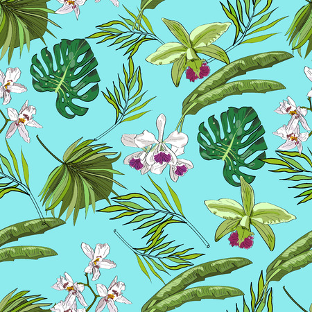 Tropical hand drawn exotic seamless pattern with leaves and flowers, Package design.のイラスト素材