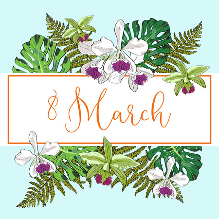 8th of March spring background with exotic flowers and leaves.のイラスト素材