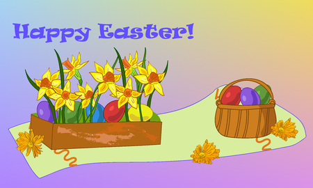 Hand drawn vector Easter background with colored eggs, daffodils, basket on colorful background.のイラスト素材