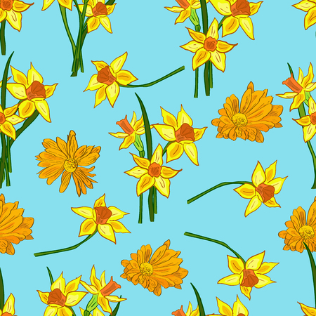 A Seamless vector pattern of hand drawn spring flowers and leaves on light blue background.のイラスト素材