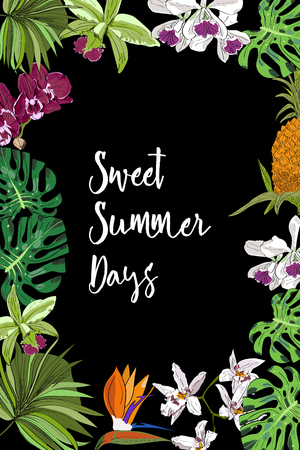 Floral card with frame for text Sweet summer days. Isolated colorful hand drawn tropical flowers and leaves. Design for invitation, prints and cards. Vector illustration.のイラスト素材
