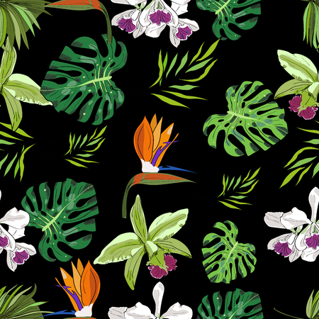 Seamless hand drawn botanical exotic vector pattern with green palm leaves and orchids on black background.のイラスト素材
