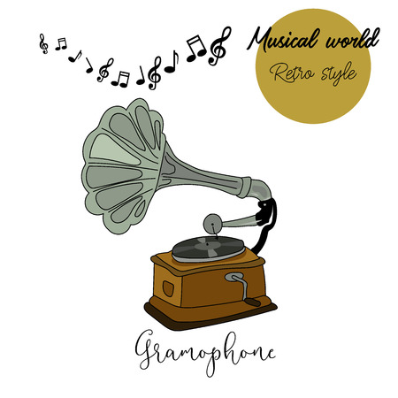 Hand drawn vector illustration of gramophone in sketch style on white background with notes.のイラスト素材