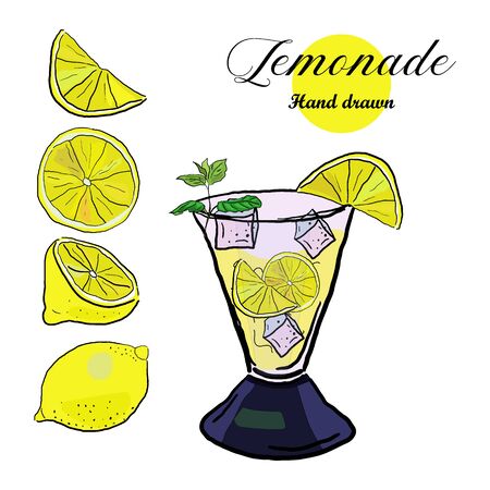 Set of whole, half, slice lemon and glass of lemonade with ice cubes, sketch style vector illustration on white background. Hand drawn sketch.のイラスト素材
