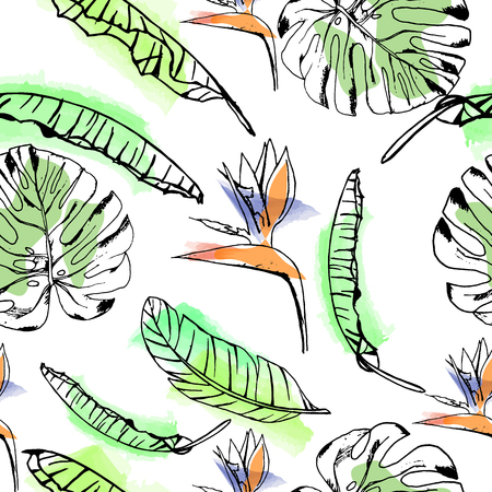 Seamless vector summer pattern of hand drawn ink tropical exotic flowers and banana leaves on watercolor background. Fashion, pattern, journaling, logo, design, brand conceptのイラスト素材
