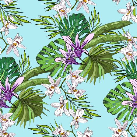 Tropical hand drawn exotic collection seamless pattern with leaves and flowers. Package, wallpaper, textile, cover, design.のイラスト素材