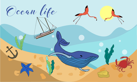 Vector drawn ocean life background with hand drawn underwater animals and plants. Crab, flamingos, sea star, fish, sea shell, jellyfish in sketch style.のイラスト素材