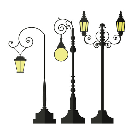 A set of vintage street lamps for roads and parks. A set of antique decorative lamps. Industrial electric objects. Flat vector illustration. Isolated on white background.のイラスト素材
