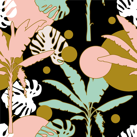 Seamless hand drawn botanical exotic vector pattern with silhouette palm trees and leaves on light background.のイラスト素材