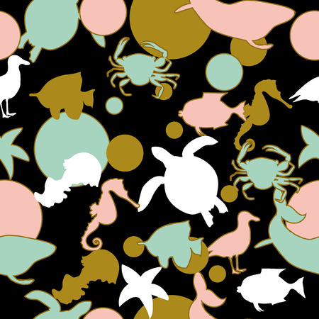 Seamless hand drawn marine vector pattern with turtles, crabs, fish, jellyfish, seagulls silhouette on dark background.のイラスト素材