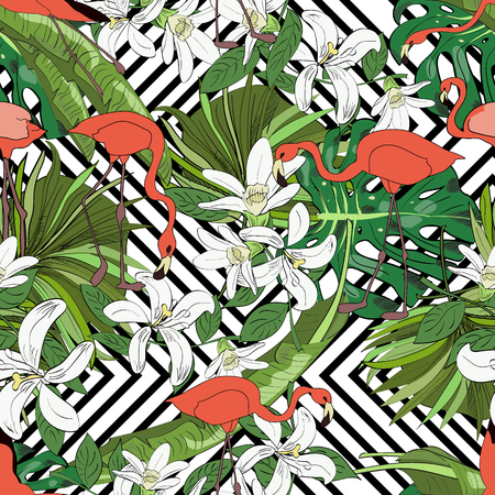 Tropical seamless pattern, orchids, monstera leaves, fan palm leaves and flamingoes on striped background. Hand drawn illustration.のイラスト素材