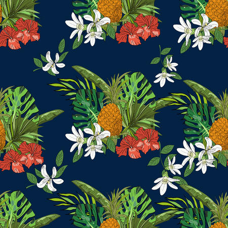 Tropical seamless pattern, pineapples, monstera leaves, fan palm leaves, on dark blue background. Hand drawn illustration.のイラスト素材