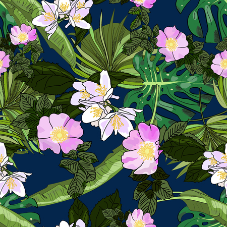 Tropical seamless pattern, monstera leaves, fan palm leaves, on dark blue background. Hand drawn illustration.のイラスト素材