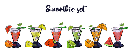 Colorful Set of smoothies. Superfoods and health or detox diet food concept in sketch style. Orange, grapefruit, strawberry, lime, lemon, watermelon smoothies.のイラスト素材