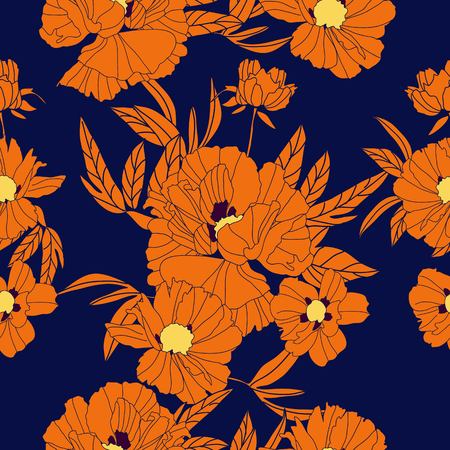 Floral seamless pattern with orangee peonies and leaves on blue background. Hand drawn illustration.のイラスト素材
