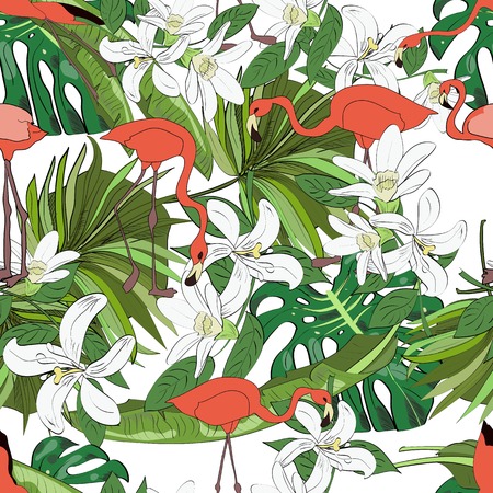 Tropical seamless pattern, orchids, monstera leaves, fan palm leaves and flamingos on white background. Hand drawn illustration.のイラスト素材