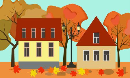 Vector autumn illustration of a beautiful fall cottage houses with bright foliage treesのイラスト素材