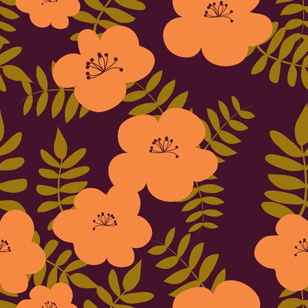 Vector drawn orange flowers seamless pattern with olive leaves on purple background.のイラスト素材