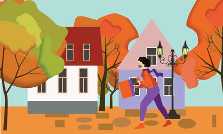 landscape with houses with a woman wearing maskのイラスト素材