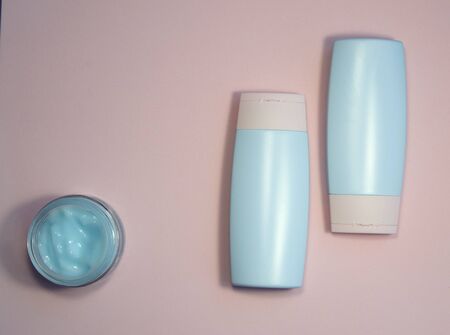Image of make up products on pink background. Cosmetics flat lay. Top view beauty composition. Place for textの写真素材