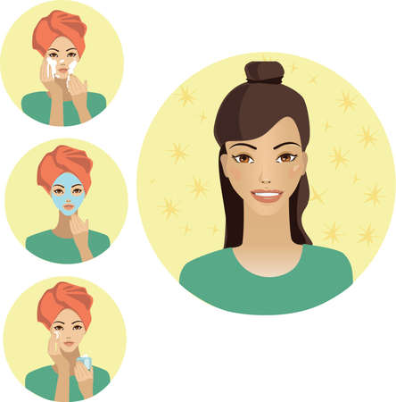 Girl cleaning and caring for her face with various actions, face treatment. hygiene, lifestyle, mask, cream, foam, setの写真素材