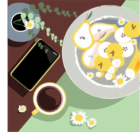 Business breakfast. A Cup of coffee with fresh fruit on a plate. Flat layの写真素材