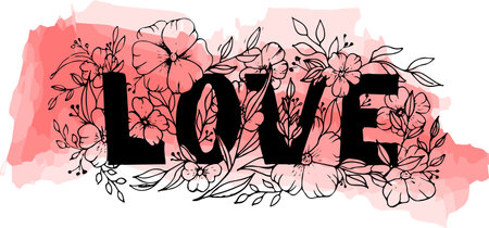 LOVE in linear floristics, watercolor vector illustrationのイラスト素材