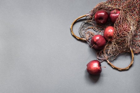 Apples on a gray background. Flat lay, top viewの写真素材