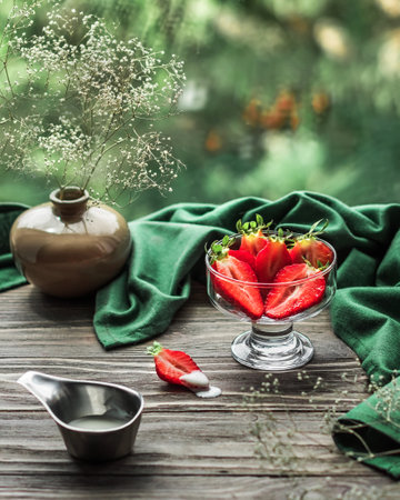 A ripe strawberry in a glass vase stands on a wooden table decorated with a green napkin. Healthy food. Blurred green backgroundの写真素材