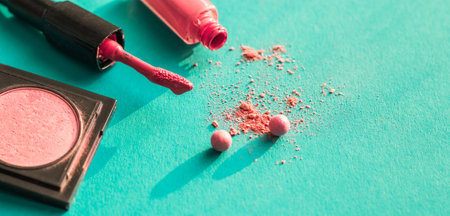 Makeup background. Lipstick and blush, facial cosmetics close-up. Beauty background, banner.の写真素材