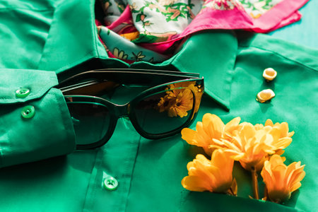 Background with fashionable clothes. Green trendy shirt and glasses with a bouquet of flowers. Beauty and style blog conceptの写真素材