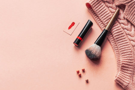 Makeup blog concept. Female cosmetics and fashion items on pink background with copy space. Colored monochrome. Beauty background, flatley.の写真素材