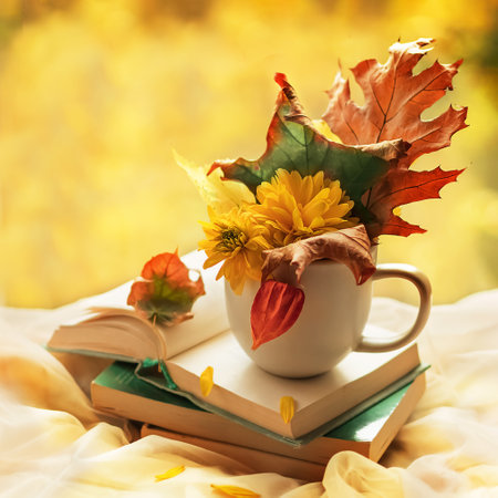 Autumn background. A bouquet of autumn leaves and flowers in a cup on an open book on a bright...