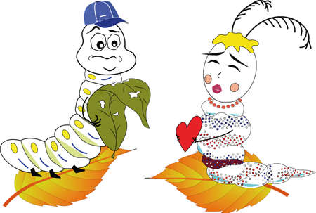cartoon picture love is....two caterpillars on white background, for web designのイラスト素材