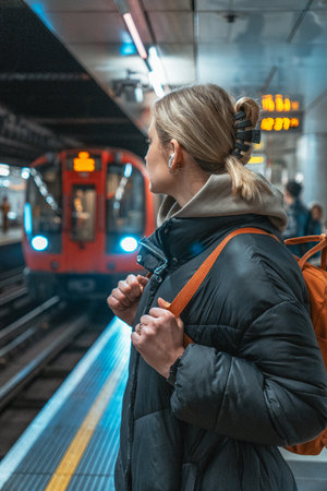 London, UK- 01.17.2025. A close-up portrait of a woman standing on a subway platform. She wears a black puffer jacket and an orange backpack, with earphones in her ears.の写真素材