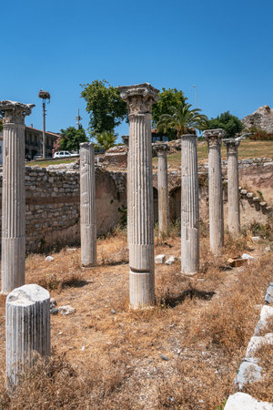 A stork's nest sits atop an ancient column in the ruins of a Roman basilica, showcasing a beautiful blend of history and nature.の写真素材