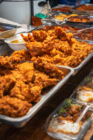 Close-up of a stall with trays of crispy fried chicken and other dishes ready for sale.の写真素材