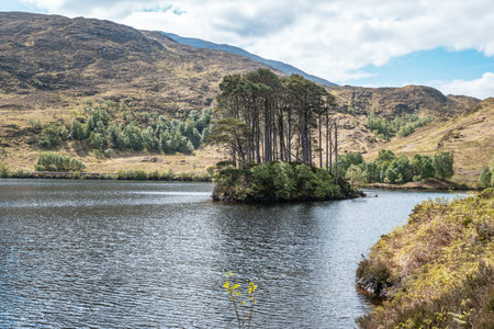 A scenic view of Eilean na Moine, a small, tree-lined island in the tranquil Loch Eilt in the...