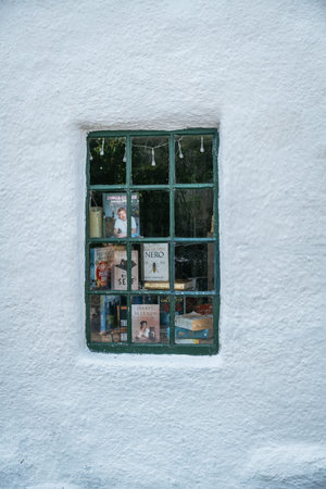 A small green window set in a white textured wall displaying various books inside. A quaint, rustic...