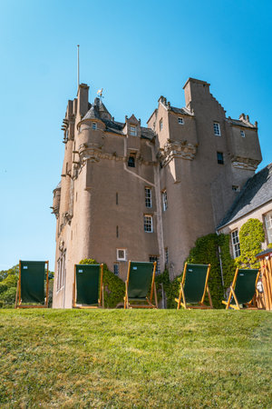The exterior facade of Crathes Castle, a 16th-century Scottish tower house in Aberdeenshire, Scotland.の写真素材