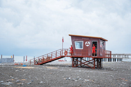 Batumi, Georgia - 08.26.2025. Lifeguard station on a pebble beach. High quality photoの写真素材