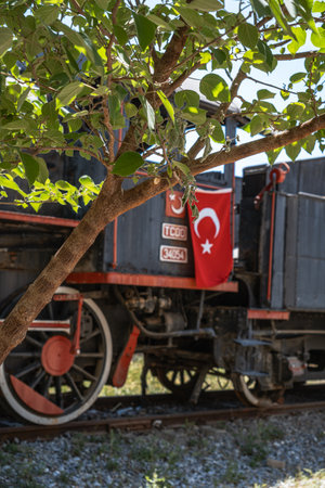 A classic black steam locomotive with vibrant red wheels and a Turkish flag is proudly displayed on...